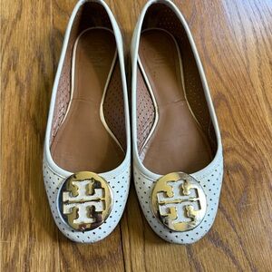 Tory Burch Perforated Cream Flats with Gold Logo